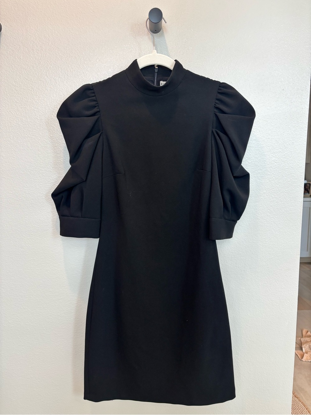Alice + Olivia Black Puff-Sleeve Mini Dress with High Neck